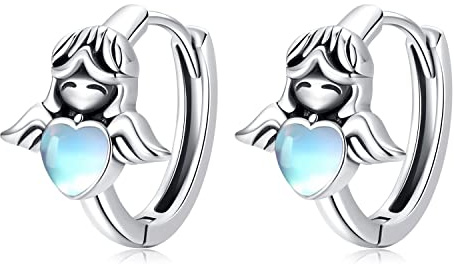 KINGWHYTE Engel Creolen Ohrringe 925 Sterling Silber Mondstein Ohrringe Hypoallergen Creolen Ohrringe Weihnachts für Mädchen Damen