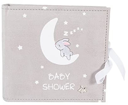 Happy Homewares Cute and Beautiful Neutral Grey Suede Baby Shower Photo Album - 80 Spaces for 4x6 Photos | White Moon and Stars