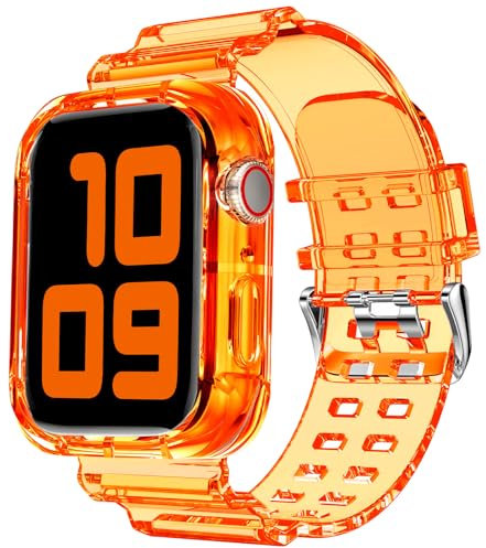DABAOZA Compatible for Clear Apple Watch Band with Bumper Case 41mm 40mm 38mm, Women Men Glitter Bling TPU Sport Strap for iWatch SE Ultra 3 2 Series 11 10 9 8 7 6 5 4 3 2 1（Neon Orange,41/40/38）
