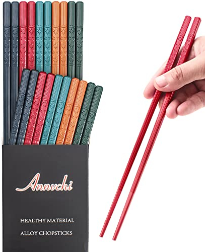 Annvchi Set di bacchette, 10 paia di bastoncini per sushi giapponesi, lavabili in lavastoviglie, riutilizzabili, colorati e antiscivolo con set regalo..