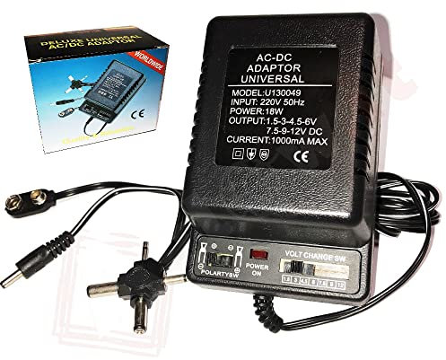 Aglow.it Alimentatore 1000mAh 18W AC DC TW-003, 1.5V 3V 4.5V 6V 7.5V 9V 12V Selettore regolabile, TRASFORMATORE 6 CONNETTORI e LED e Inversione di polarità (TW-003)