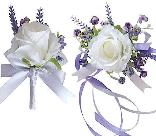 MAFELOE Künstliche Ansteckblume und Ansteckblume für Heimkehr, Party, Abschlussball, Brautpaar, Braut, Brautjungfern, Hochzeit, Kunstblumen, Zubehör, Anzug-Dekorationen, Weiß + Hellviolett, 2 Stück