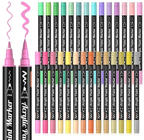 Shuttle Art Rotuladores Acrilicos Pastel, 28 Colores Pastel Rotuladores Acrilicos Permanentes de Punta Pincel y Fina, Acrylic Markers para Niño Adulto Piedras Plástico DIY