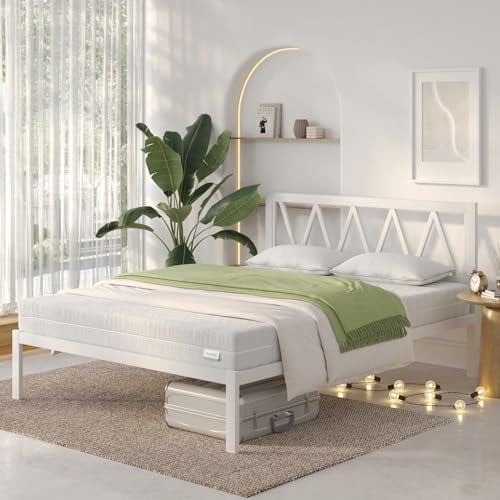 Novilla Bettgestell 180 x 200 cm, Bettrahmen mit Lattenrost, Bettgestelle mit Kopfteil-Design, Doppelbettgestell, Stauraum unter dem Bett, Weiß