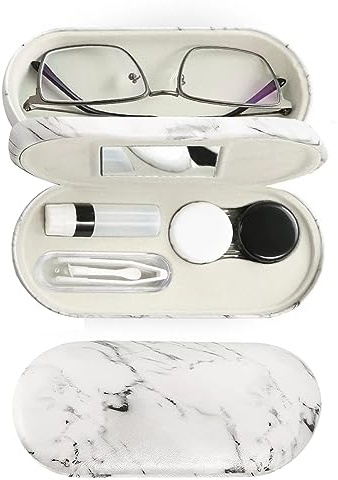 MUDOR 2-in-1-Kontaktlinsen- und Brillenetui, doppelseitiges Set, inklusive Entfernungswerkzeug mit Pinzette (Marmorweiß)