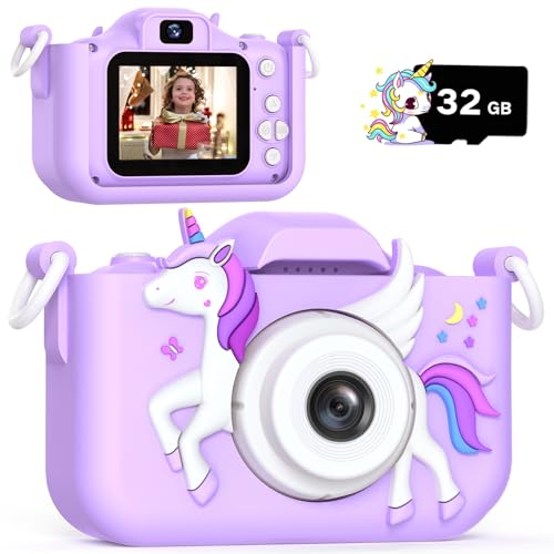 Einhorn Kinderkamera, Weihnachten Geburtstag Geschenke für Mädchen Jungen Alter 3-12, 1080P HD Selfie Digital Video Kamera, Niedliche kleine Mädchen Jungen Geschenke Spielzeug für 3 4 5 6 7 8 9 Jahre