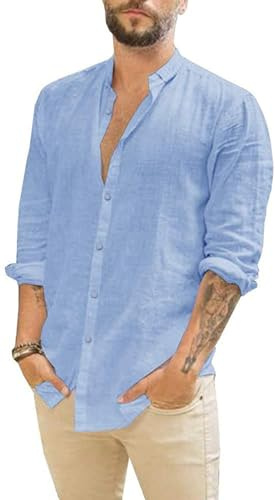 Friptspyg Uomo Camicia Lino Cotone a Maniche Lunghe Casual Camicia da Spiaggia vestibilità Regolare Camicie Estive