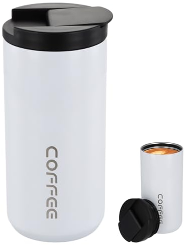 Taza de Café Aislada, Taza de Viaje para Café a Prueba de Derrames con Tapa - Taza Termica de Acero Inoxidable para Café Frío y Caliente, Leche y Té, 400ml (Blanco)