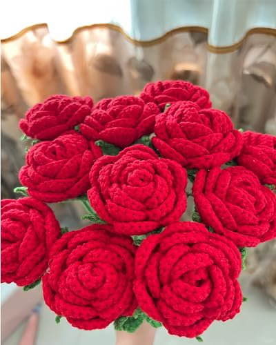 YOFANUP Bouquet de fleurs au crochet à faire soi-même, fleurs artificielles finies à la main, roses rouges tricotées pour femme, épouse, mère, anniversaire, mariage (6, rouge)