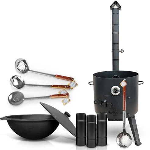 Gusseisen Kazan 16 L Kasan Казан mit Feuerofen Utschak Ø 44 cm runder Boden Thermometer Schöpfkelle Schaumlöffel für Plov Verlängerungsrohr Учак Учаг Uchag Asia (Set 5)
