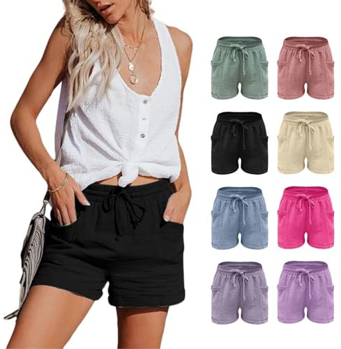 MJIQING Black Friday Shorts Damen Sommer Leinen Musselin Kurze Hose Beach Shorts Mit Taschen Mode Lässige Stoffhose Freizeit Shorts hoher Taille Shorts mit Kordelzug Leinenhose