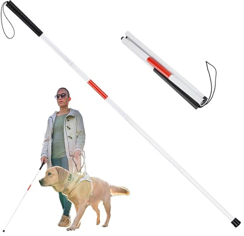 Blindenstock, 123cm/48.4in Gehstock Klappbar, 4 Abschnitte Faltbarer Gehstock für Sehbehinderte, Rot Weiß Reflektierend Spazierstock Herren, Krückstock Gehhilfe für Senioren, Behinderte, Blinde