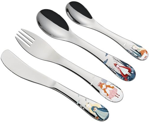 cilio Couverts pour enfant PRINCESS | 4 pièces | Acier inoxydable | Forme ergonomique | Couteau enfant 21 cm, Fourchette enfant 21 cm, Cuillère enfant 20 cm, Petite cuillère 17 cm | Motifs princesses