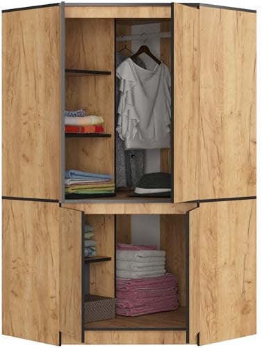 BDW - Eckschrank Schlafzimmer - Kleiderschrank Groß - Schrank 100 cm breit, 180 cm hoch - Eckkleiderschrank mit Kleiderstange und Einlegeböden - Kleiderschrank Handwerkliche Eiche