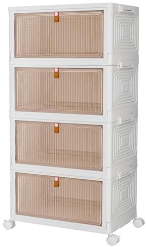 PurKeep Storage Boxes with Lid - 23L*4 Tier Plastic Storage Box with Lid, Stackable Boxes with Wheels, Storage Drawers with Front Door, Plastic Box for Home and Office, White, 4 Packs