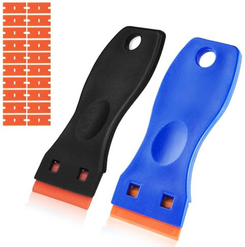 2 Stück Schaber, Kunststoff Schaber mit 20 Klingen, Klebereste Entferner, Etikettenlöser, Aufkleber Entferner, Herdkratzer für Hartnäckige Verschmutzungen auf Ceranfeld, Glas und Edelstahl