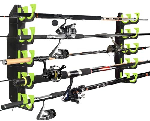 BOOSTEADY Supporto per canna da pesca, può contenere fino a 10 canne, porta canna da pesca per garage, porta canna da pesca, da parete o a soffitto, regalo per uomo, verde