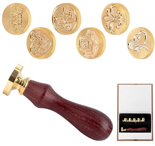 Wachs Stempel Set, Vintage Wachs Siegel Stempel Kit mit 6 Siegelwachsstempel Kupfer Seals, 1 Holzgriff and Geschenkbox für Umschlag Einladung Brief Geschenkverpackung Dekoration