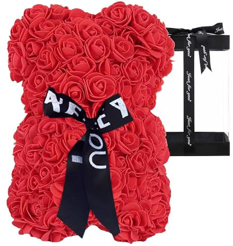 PALUPLUS Orsetto di Rose Rosse con Fiocco Nero, Misura 17x17x25 cm, Scatola Regalo Trasparente da Montare, Orso per San Valentino, Anniversario, Compleanno -089M
