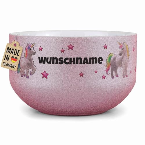 PR Print Royal Kinder-Müslischale mit Name personalisiert - Einhorn - Geschenk für Mädchen und Jungen, Kindertag, Weihnachten, Geburtstag - Keramik Schüssel Pink, 500 ml