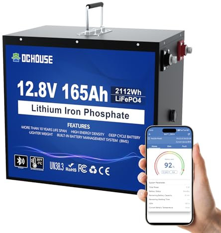 La batteria al litio LiFePO4 12V 165Ah di DCHOUSE, dotata di Bluetooth e protezione dalle basse temperature (tipo Deep CycleLite per cicli profondi), è perfetta per camper, impianti solari