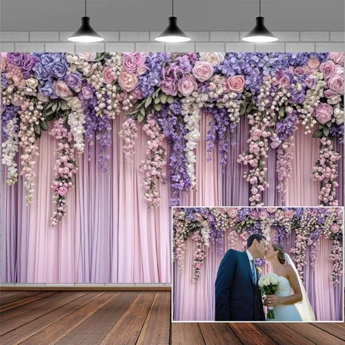 10x8ft Purple Flower Wedding Photography Backdrop Lavender Floral Wedding Bridal Photography Backdrop Anniversary Birthday Baby Shower Girl Party Banner Photo Booth Props Background Wall Decor