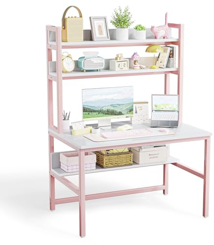 Aquzee Desk with Shelves, 120 cm Pink Desk with Storage, Wooden Table with Hutch, Compact Home Office Space Saving Work Table, Bookshelves Above for Storage, Girls Desk for Bedroom