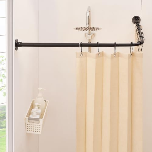 Mirooyu L Shaped Shower Curtain Rail, [62-121 cm] x [62-121 cm] Dual-Slide Corner 90 Degree Shower Pole Rod for Bathroom, Bathtub & Outdoor with 12 Hooks & Ceiling Support