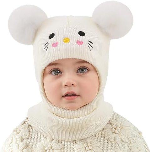 MASOCIO Bonnet Cagoule Bébé Enfant Garçon Fille Hiver Chaud Adorable Chapeau en Cache-Oreilles Balaclava Double Pompon pour Enfants 1-8 Ans