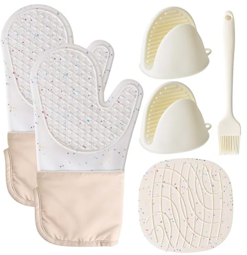 Silikon Küchenhandschuhe Topflappen Sets, Extra Lange Backofen Handschuhe Hitzebeständig Ofenhandschuhe Kitchen,Waschbare & Rutschfeste Backhandschuhe bis 230°,Topfhandschuhe zum Kochen Backen (Beige)