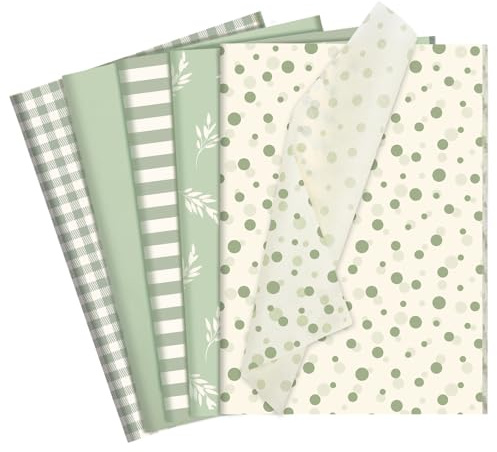 woric 60 Blatt Seidenpapier, Geschenkpapier Salbeigrün Verpackungsmaterial | 5 Stile Seidenpapier Salbeigrün 35x50cm Verpackungspapier für DIY Basteln Party Hochzeit Geburtstag