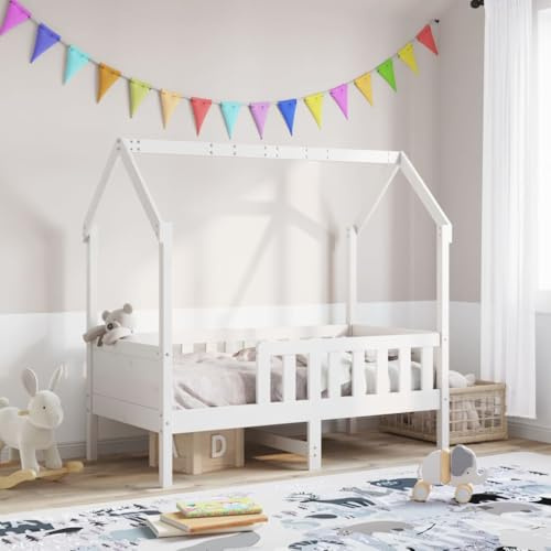 kithwjll Kinderbett Hausbett Weiß 80x160 cm, Massivholz Kiefer, stabiles Bettgestell mit Rausfallschutz, offenes Dach für Deko, Einzelbett für Kinderzimmer