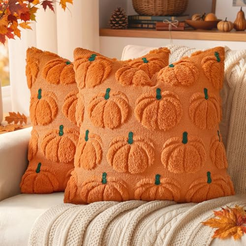 EMEMA Kissenbezug 50x50 Herbst Dekokissen Kürbis Orange Grün Stiel 2er Set | Kissenhülle Sofakissen Wolle Couchkissen Kuschelkissen für Halloween Thanksgiving