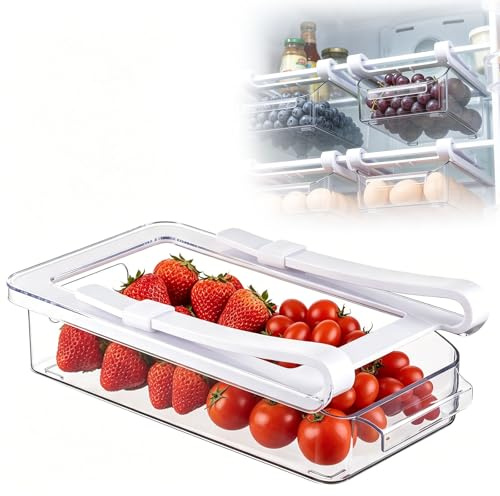 Fridge Drawer Pull-out Storage, Clip-on Fridge Organizer Drawer with Handle | 24 x 12 x 5.5 cm Fridge Drawer | Hanging Storage for Space-Saving | Food-Grade PET Material | Clear Fridge Organiser