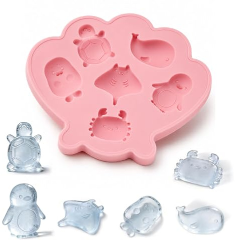 Ficopano Flexible Food Grade Silicone Ice Cube Tray, Marine Animal Shapes Mould, 6 Cute Forms for Cocktails Whiskey Drinks Candy Making, Dishwasher Safe Kitchen Tool, (Pink)
