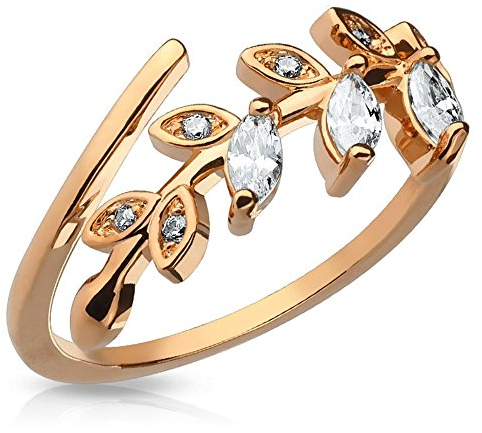 Bungsa Rosegold - Kristall Blätter Zehenring Zirkonia Brass Rhodium für Damen (Zehring Fussschmuck Fussring Toe-Ring Nail Nagelring biegbar verstellbar)
