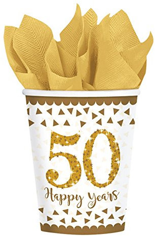 Amscan Sparkling Golden 50th Anniversary Paper Party Cups x 8
