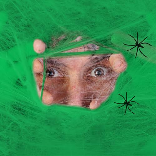 Komonee Halloween Spiderweb Stretchy Fake Spider Cob Web with Spiders Indoor Outdoor Garden Haunted House Party Decoration Green