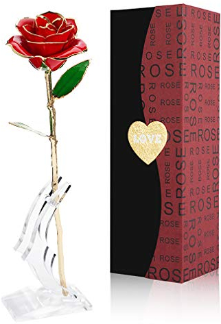 Gomyhom Rose, 24K Rose Plaqué Or, élégante Fleur Romantique éternelle avec Boîte Cadeau de Luxe Idéal pour Amie Saint Valentin, Fête des Mères, Anniversaire, Mariage (Rouge + Supporter)
