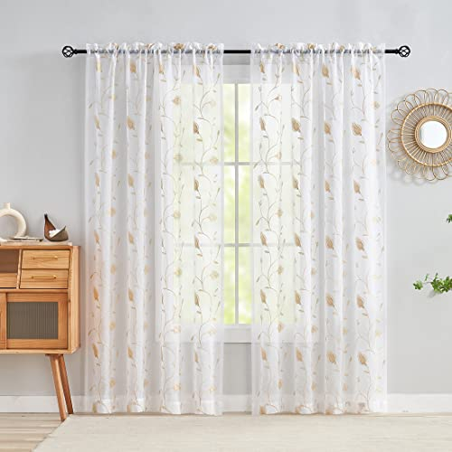 MYSTIC-HOME Stickerei-Vorhänge in Beige, 241,9 cm, Florale Fensterdekorationen, Gardinen mit Stangentaschen, Halbknister-Voile-Vorhangpaneele, 2er-Set, Tulpenbeige, 132,1 cm B x 241,9 cm L