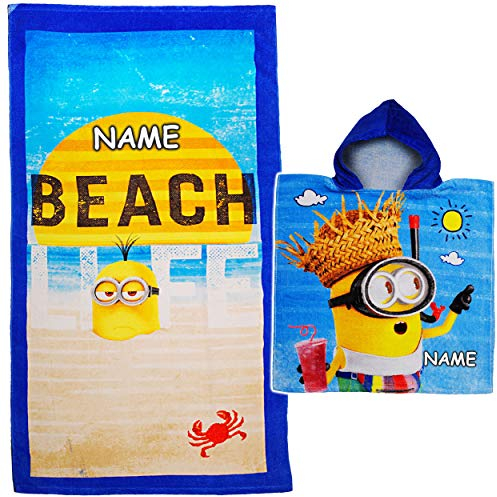 alles-meine.de GmbH 2 TLG. Set Badetuch/Strandtuch + Poncho - Minion - ich einfach unverbesserlich - inkl. Name - 100% Baumwolle 70 cm * 140 cm - Badeponcho/Kapuzenhandtuc..