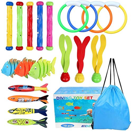 OWUDE 19 STÜCKE Pool Tauchen Spielzeug Set Tauchringe Tauchen Toypedo Tauchstöcke Aquatic Dive Balls Schwimmen Fisch Schwimmbad Spielzeug für Kinder mit Tragetasche