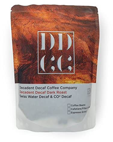 Decaffeinated Strongest Dark Roast Ground Coffee 227g - Decadent Decaf Dark Roast - For French Press Cafetiere Filter Drip V60 Aeropress - Swiss Water CO2 Process - Strength 5