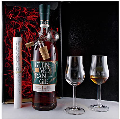 Geschenk Glenmorangie Quinta Ruban 14 Jahre Single Malt Whisky + Glaskugelportionierer + 2 Bugatti Gläser