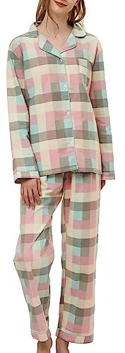 CHUNG Ensemble de pyjama en coton brossé à manches longues et pantalon boutonné en flanelle pour femme, vêtements de nuit confortables et chauds, grande taille, Vert/carreaux, M