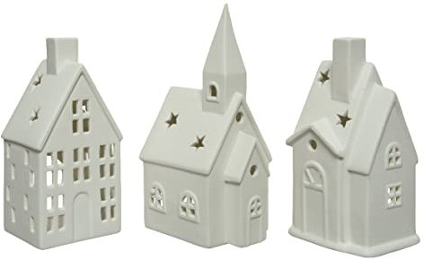 Teelichthalter Porzellan 16cm - Windlicht Laterne in Haus Form - 1 Stück Sortiert - Teelicht Kerzenhalter für Weihnachten - Tischdeko Tischlaterne Weiß