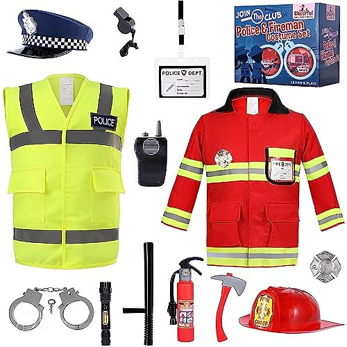 Kids Police and Fireman Costume, Dress Up Set with Fire Fighter and Police Costume with Squirting Water Fire Extinguisher & Siren Sound Walkie Talkie, Fancy Dress for Kids & Toddlers Ages 3-7