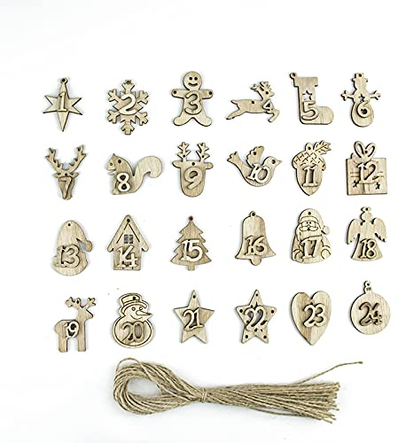 Adventskalender Zahlen, 24 Stück Holz Weihnachts-Adventskalender Zahlen Anhänger Weihnachts-Countdown-Kalender Christbaumschmuck mit Hanfseil