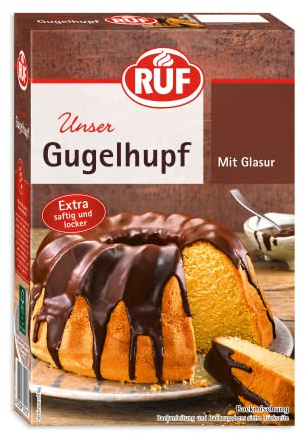 RUF Gugelhupf Backmischung für einen extra saftigen und lockeren Rührteig mit knackiger Kakao-Glasur, schnelle und einfache Zubereitung, 1x550g