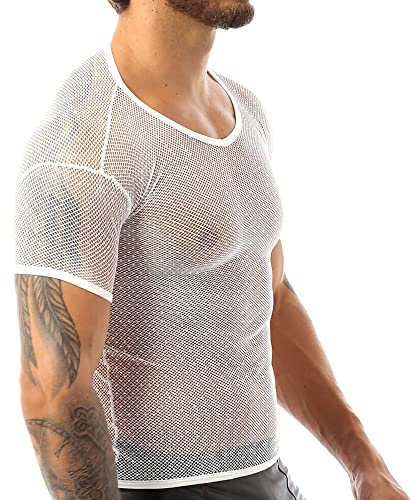 Hombres Ver a través de Manga Corta Malla Camisetas Rejilla Ajustada Camisas Muscle T-Shirts Blanco XL